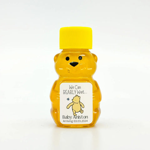 Honey bear bottle with a personalized label on a white background