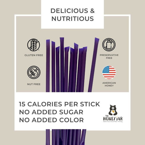 Honey sticks with health benefits and branding on a beige background