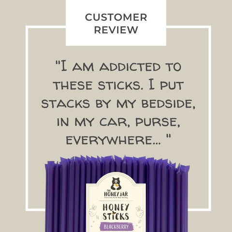 Purple honey sticks with a label on a beige background, featuring a customer review quote.