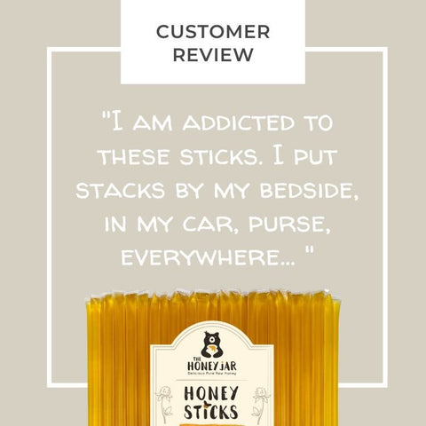 Honey sticks packaging with a customer review quote on a beige background