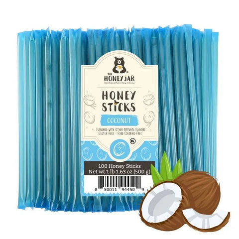 Pack of Honey Sticks with coconut flavor packaging on a white background