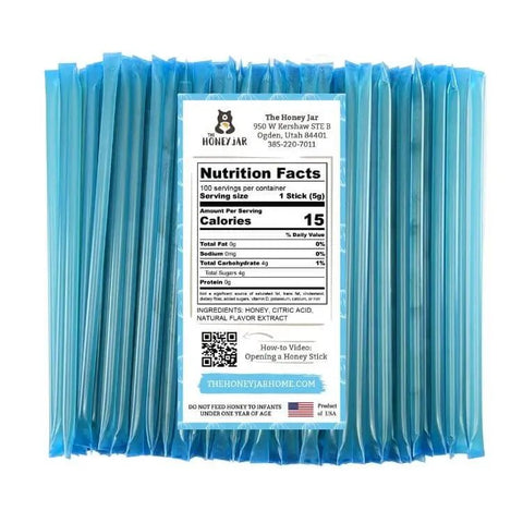 Pack of blue honey sticks with a nutrition label on a white background