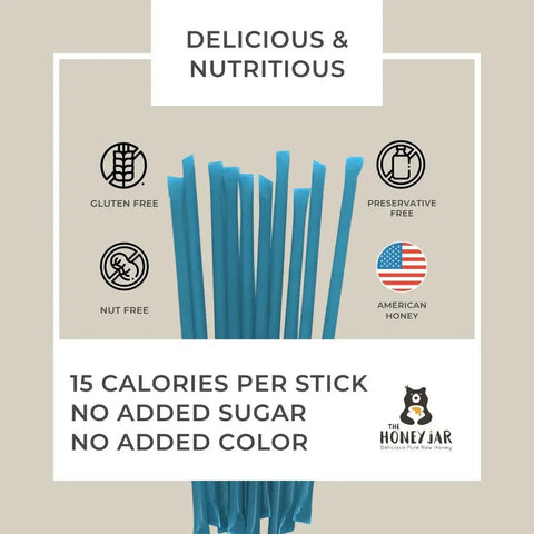 Blue honey sticks with health benefits and branding on a beige background