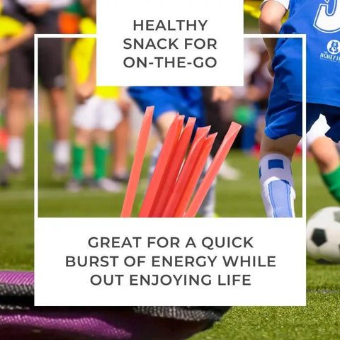 Children playing soccer with text about a healthy snack for on-the-go.