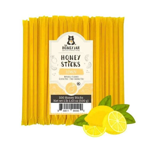 Pack of lemon honey sticks with a label on a white background