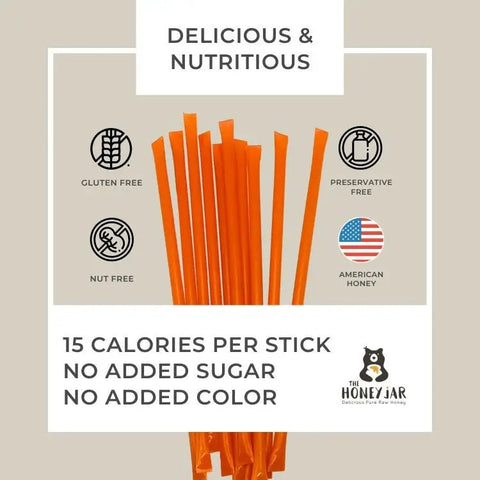 Orange sticks with health benefits and branding on a beige background
