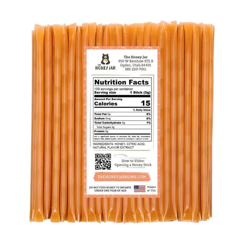 Pack of honey sticks with a nutrition facts label on a white background