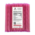 Pack of pink honey sticks with a label on a white background