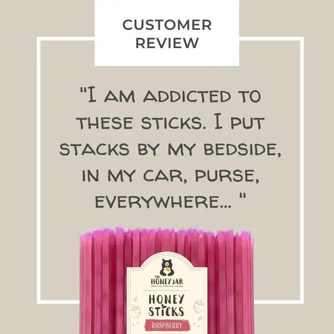 Pink honey sticks with a label on a beige background, featuring a customer review quote.
