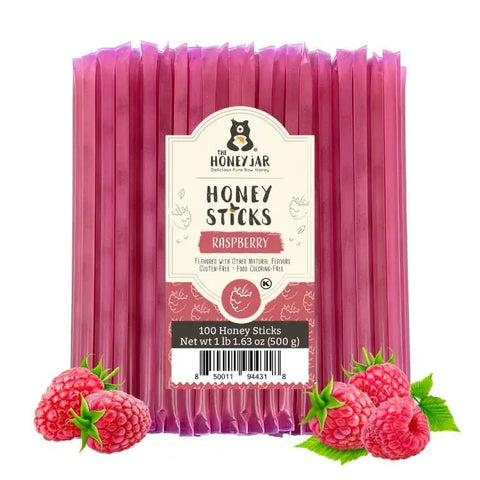 Pack of raspberry honey sticks with a label on a white background