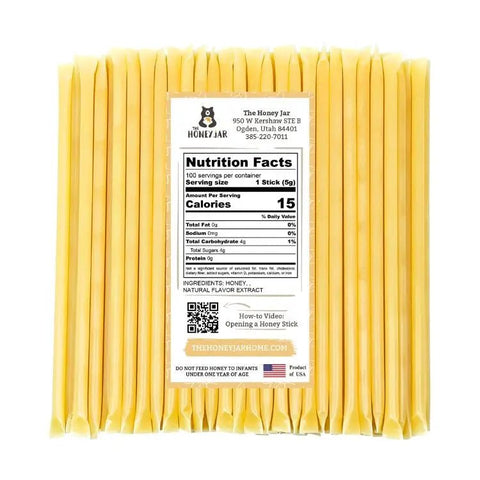 Pack of honey sticks with a nutrition facts label on a white background