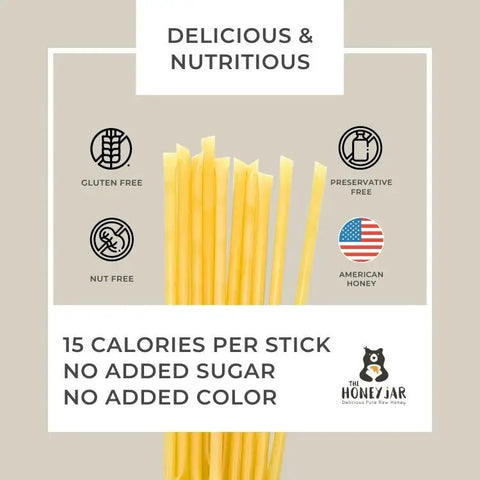 Packaging of honey sticks with nutritional information and branding on a beige background