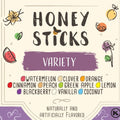 Honey Sticks variety pack label with colorful illustrations and flavor options.