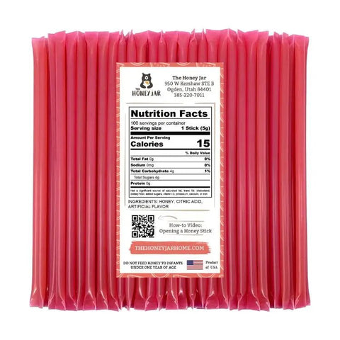 Pack of dark pink honey sticks with a nutrition facts label on a white background