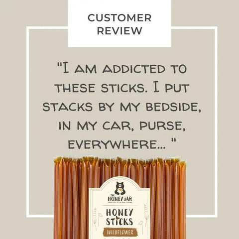 Honey sticks with a label and text about addiction to the product on a beige background