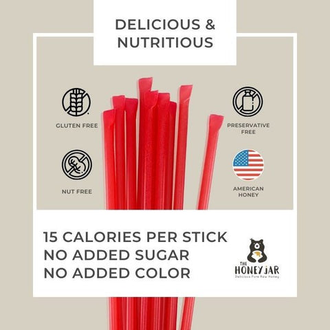 Red honey sticks with health benefits and branding on a beige background