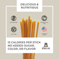 Honey sticks with health benefits and branding information on a beige background