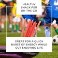 Children playing soccer with text about a healthy snack for on-the-go.