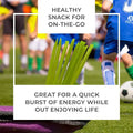 Children playing soccer with a focus on green honey sticks and text about healthy snacks.