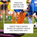 Children playing soccer with text about a healthy snack for on-the-go.