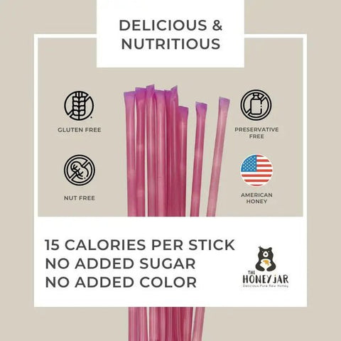 Product packaging with pink honey sticks, health benefits text, and The Honey Jar branding on a beige background.