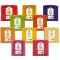 Assorted packages of honey sticks in various colors on a white background