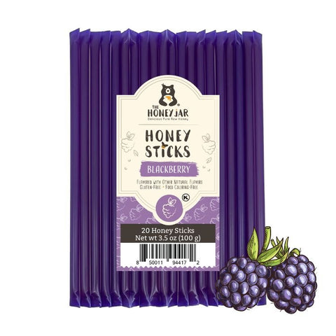 Packaging of The Honey Jar Blackberry honey sticks with a white background and blackberry illustration.