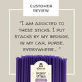  Purple honey sticks below a customer review on a beige background