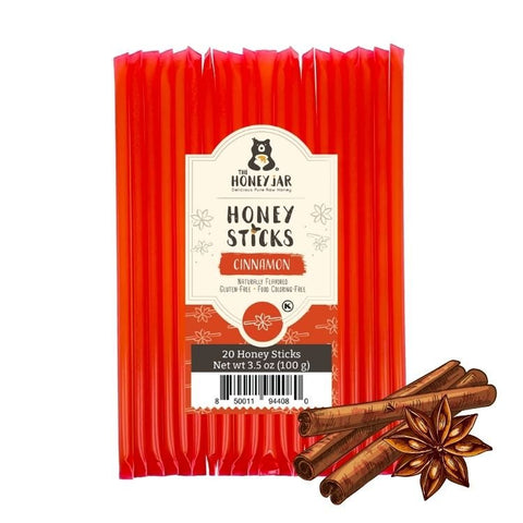 Pack of Honey Sticks with Cinnamon flavor from The Honey Jar on a white background.