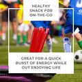 Soccer field with red honey sticks and text about a healthy snack for on-the-go.