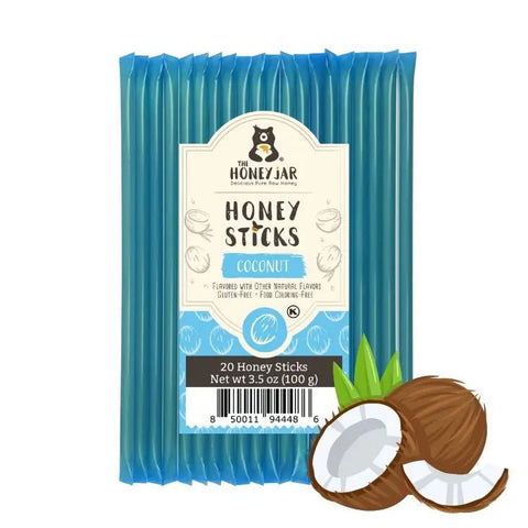 Pack of The Honey Jar Coconut Honey Sticks with a blue packaging design.