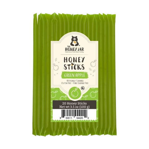 Pack of Honey Sticks Green Apple flavor with a white label on a white background
