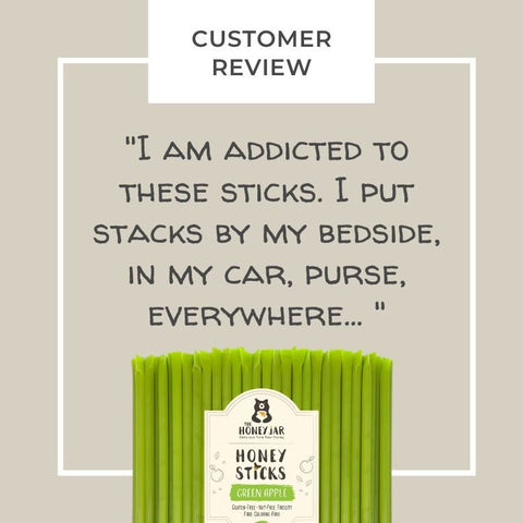 Pack of green honey sticks with a customer review quote on a beige background