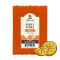 Pack of orange honey sticks with a label on a white background