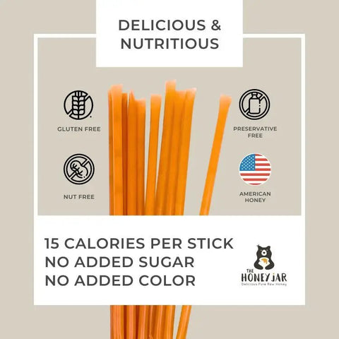 Honey sticks with health benefits and branding on a beige background
