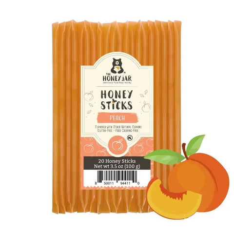 Pack of Honey Sticks with peach flavor packaging on a white background