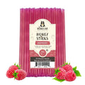 Pack of raspberry honey sticks with a label on a white background