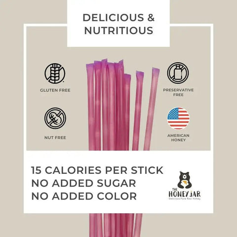 Product packaging with pink honey sticks, health benefits text, and The Honey Jar branding.