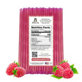 Pink honey sticks packaging with nutrition label and raspberries on a white background