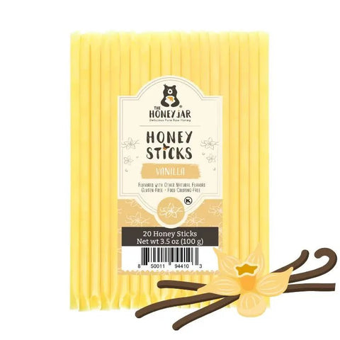 Pack of honey sticks with vanilla flavor on a white background