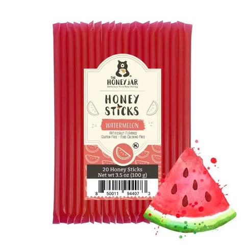 Pack of Honey Sticks with watermelon flavor packaging on a white background