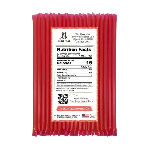 Packaged honey sticks with a nutrition facts label on a white background