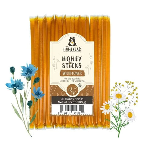 Pack of honey sticks with a label on a white background, surrounded by floral illustrations.