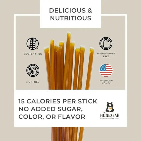 Honey sticks with health benefits and branding on a beige background
