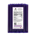 Purple package of honey sticks with nutrition facts label on a white background