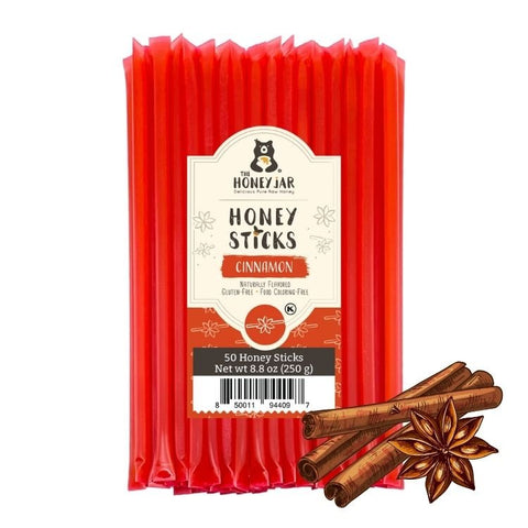 Pack of Honey Sticks with cinnamon flavor, featuring a label on a white background.