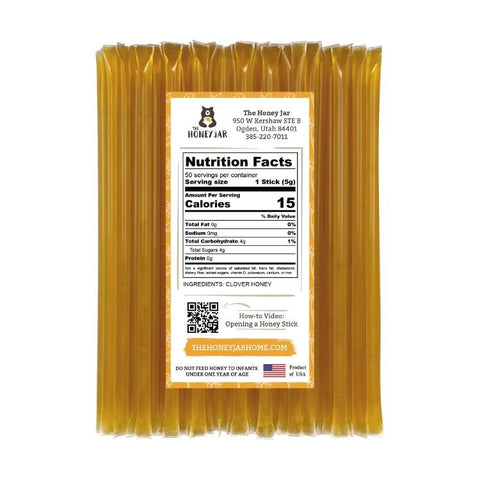 Pack of honey sticks with a nutrition facts label on a white background