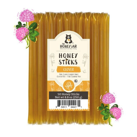 Pack of Honey Sticks with a label on a white background
