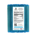 Pack of blue honey sticks with a nutrition facts label on a white background