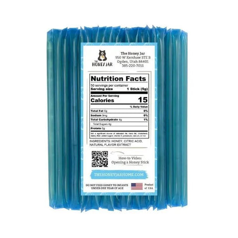 Pack of blue honey sticks with a nutrition facts label on a white background